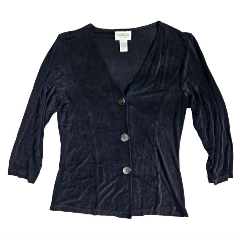 Chico's Travelers Black Button Down Wrinkle Free V-Neck 3/4 Sleeve Cardigan S/4